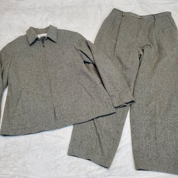 VTG Evan Picone Green Herringbone Wool Office Career‎ Suit Jacket Blazer Pant 14 - Picture 1 of 14